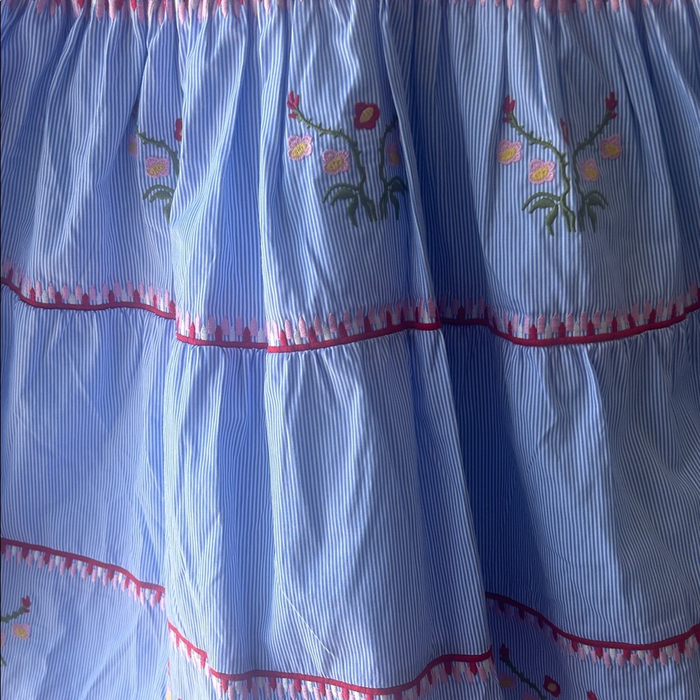 Light Blue Embroidered Tiered Casual Dress with Pink Trim - Picture 3 of 14